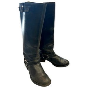 Vestiture "Alamo" tall heeled oiled leather harness riding boots.
